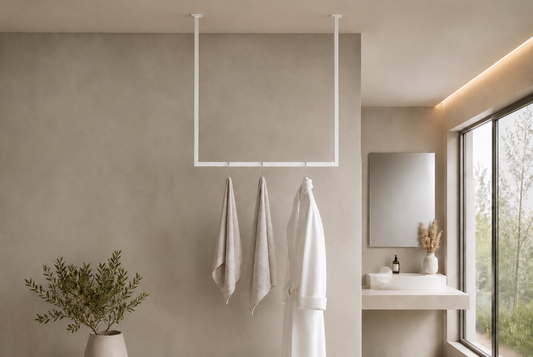 TAVO portasciugamani da soffitto con profilo quadro in acciaio verniciato a polvere bianco